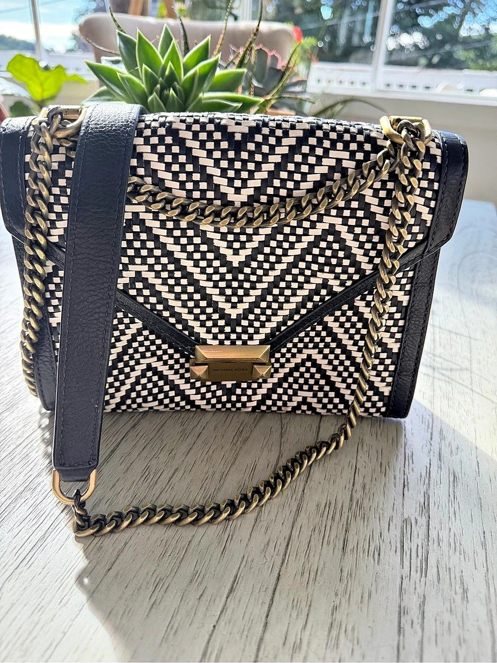 Michael Kors Tribeca Small Hand-Woven Leather Shoulder Bag Black & White